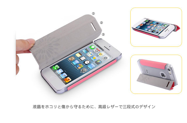 液晶をホコリと傷から守るために、高級レザーで三段式のデザイン